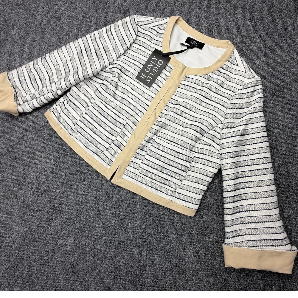 If Only Studio Womens Size 6 Striped Tweed Jacket Blue White NWT new